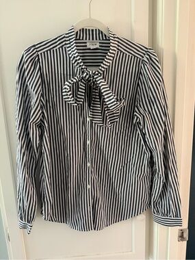J. Crew Navy & White Vertical Stripe Tie-Neck Button Down